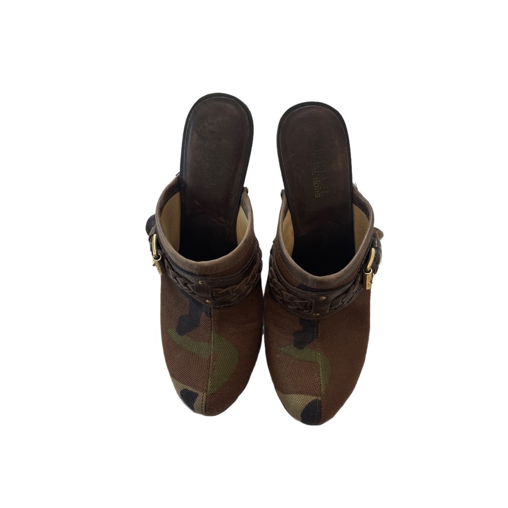 Michael Kors Brown Camouflage Leather Buckle Mules